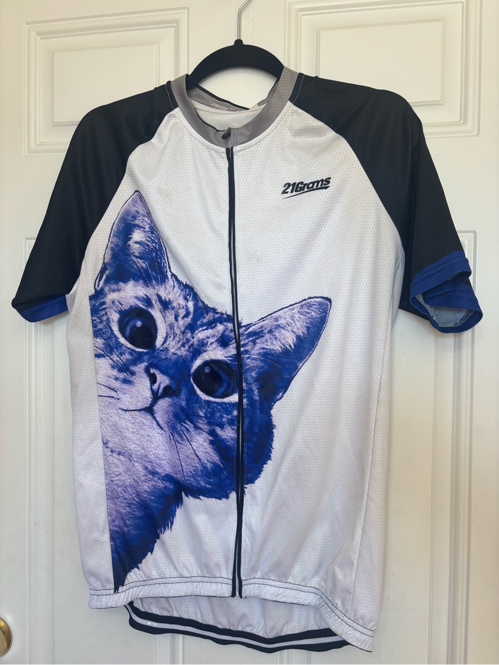 Cat Print Cycling Jersey - White & Blue 
funny jersey
